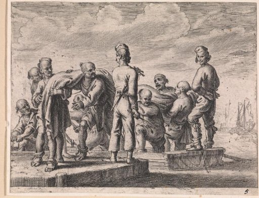 Muslim galley slaves carrying a sail