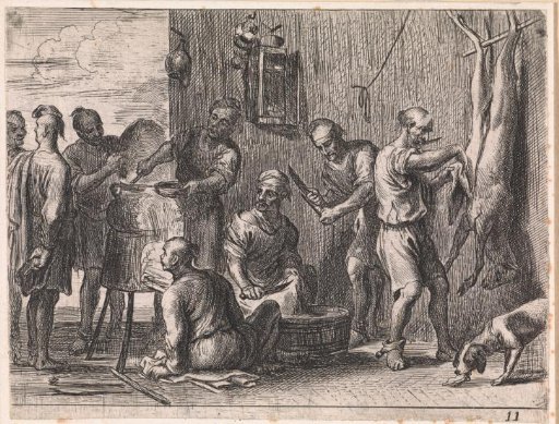 Muslim galley slaves receiving soup while a sheep is being plucked