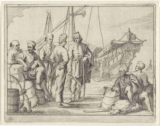 Muslim galley slaves and sailors on a quay