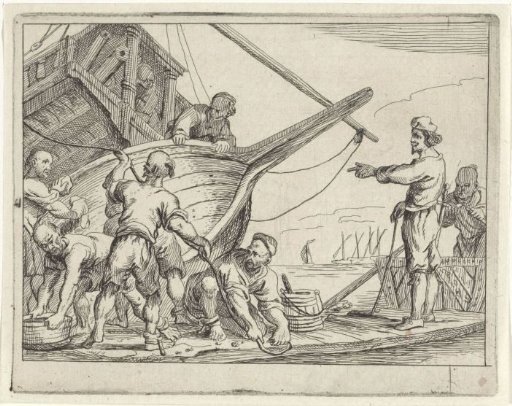 Muslim galley slaves preparing a galley for dry dock