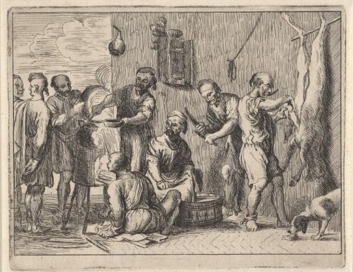 Islamic galley slaves receiving soup while a sheep is being skinned
