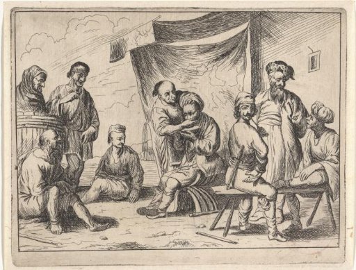 Islamic galley slaves and sailors at a barber's