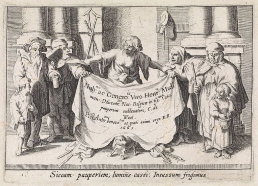 Poor and blind people around a drapery