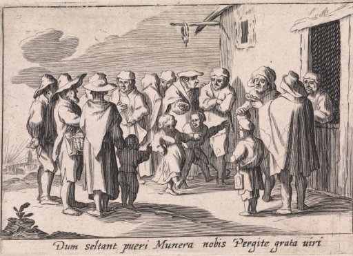 Poor children dancing in front of an inn