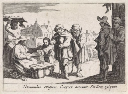 Beggars at a market stall