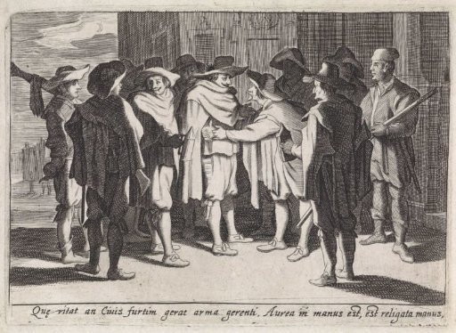 Night watchmen searching a man