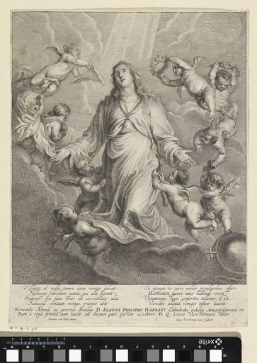Mary in the clouds, surrounded by angels