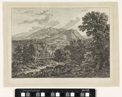 Wooded mountain landscape with a resting shepherd with cattle