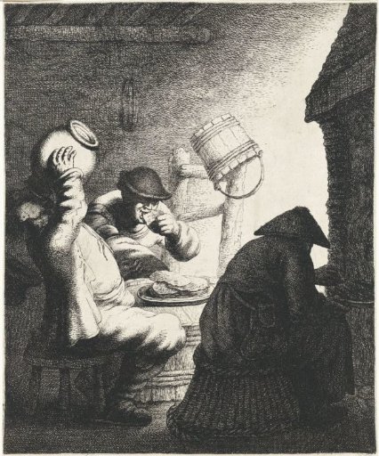Figures eating pancakes in an interior