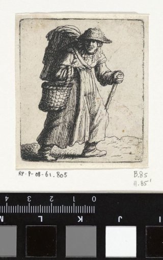 Woman with baskets and walking stick