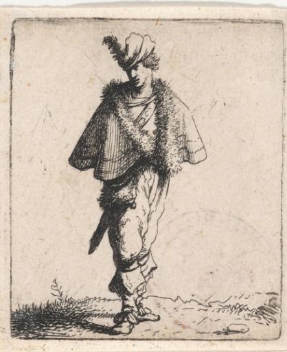Young man with fur cloak and feather on his cap