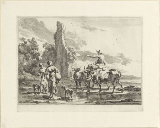 Shepherd and shepherdesses in a ford