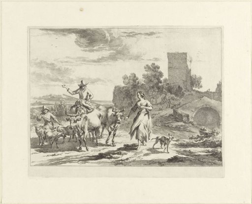 Shepherd on horseback and a boy with a flock
