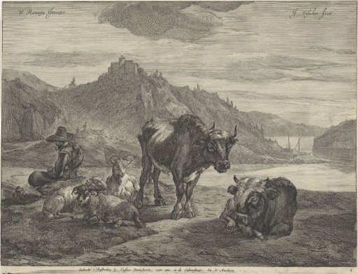 River landscape with resting shepherd and flock