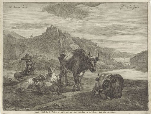 River landscape with resting shepherd and flock