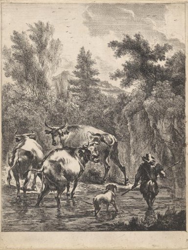 Shepherd with dog and three cows at a ford
