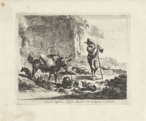 Shepherd resting on his staff beside a ruin