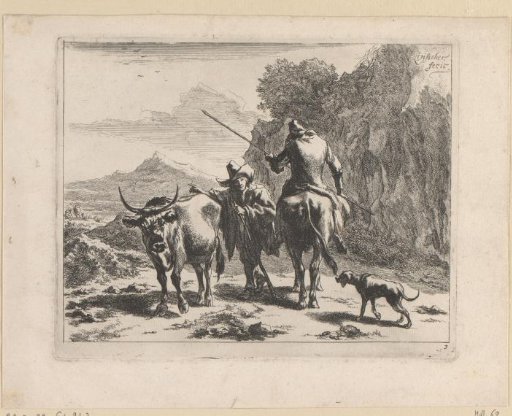 Standing shepherd talking to a shepherd on a donkey