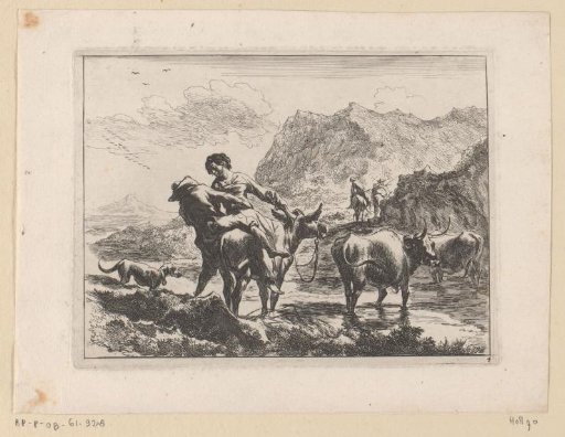 Shepherd and shepherdess on a donkey at a ford