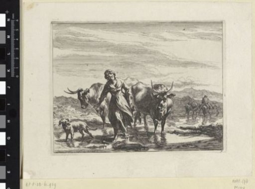 Shepherdess Walking over Stones Through a Ford