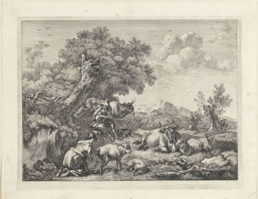 Shepherd Playing Bagpipes While a Girl Milks a Sheep