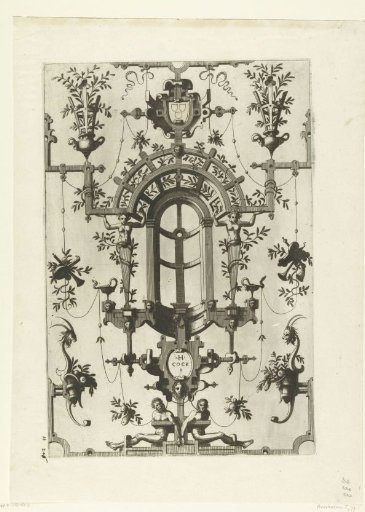 Cartouche with a coat of arms, resting on a lattice work above a niche