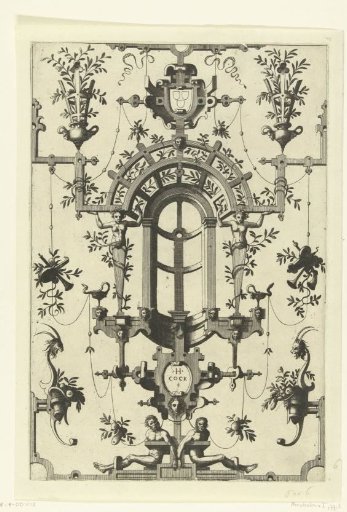 Cartouche with a coat of arms, resting on a lattice work above a niche