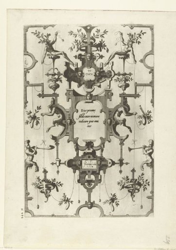 Cartouche with text by Bias between two satyrs in scrollwork