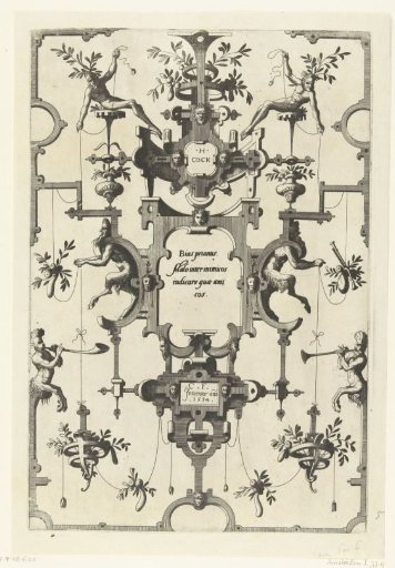 Cartouche with text by Bias between two satyrs in scrollwork