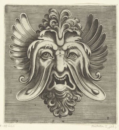 Mask with Sunken Cheeks, Two Pointed Lower Teeth and a Tuft of Curls Resting on the Bridge of the Nose