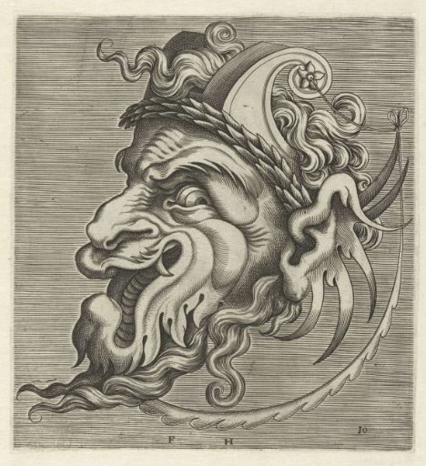 Mask and Profile with Two Horns of Scrollwork and a Laurel Wreath
