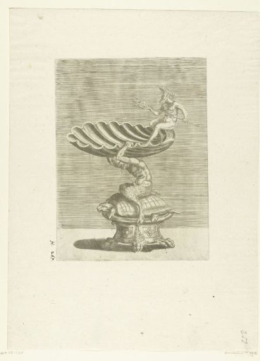 Bowl in the shape of a shell, carried by a satyr sitting on a turtle