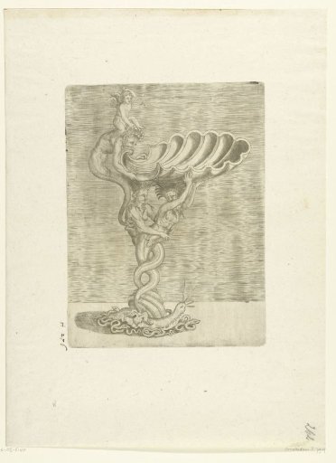 Shell in the shape of a seashell, carried by a mermaid and a merman