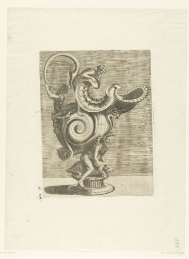 Tankard in the shape of a snail's shell, resting on the back of a man sitting on a turtle
