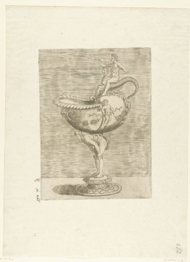 Nautilus cup, resting on the back of a man who is bent over