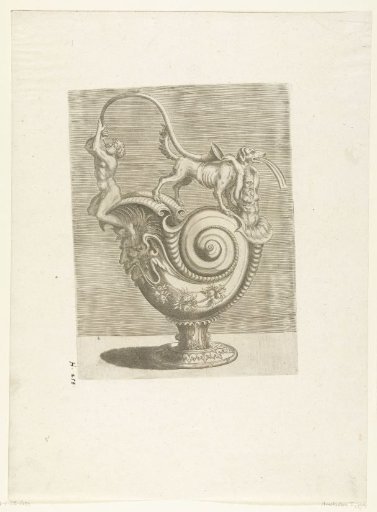 Snail-shaped vessel with a man blowing a horn on the spout