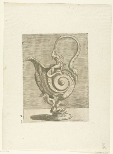 Snail-shaped vessel carried by a satyr kneeling between two birds