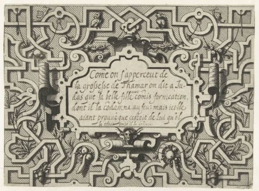 Cartouche surrounded by moresques, with two birds and two snails at the top