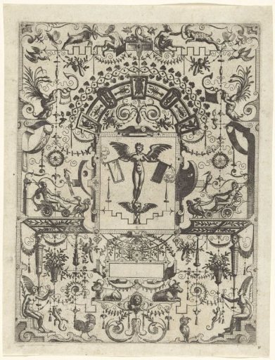 Cartouche with Fame blowing on two trumpets
