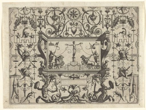Rectangular cartouche with a woman on a pedestal