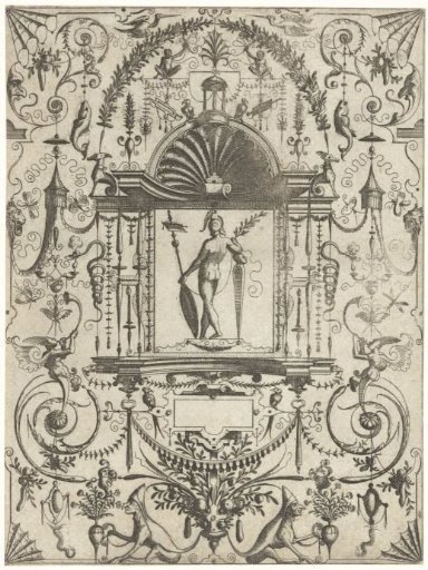 Architectural fantasy with a helmeted warrior with a shield