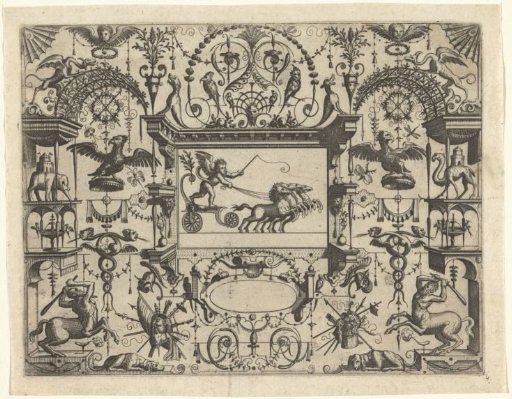 Rectangular cartouche with a putto driving a four-horse chariot