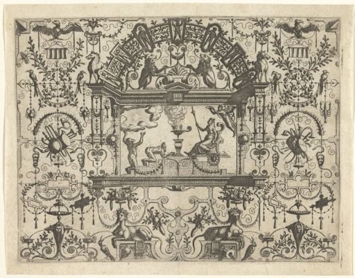 Architectural fantasy with a stepped platform on which a woman sits in a chariot