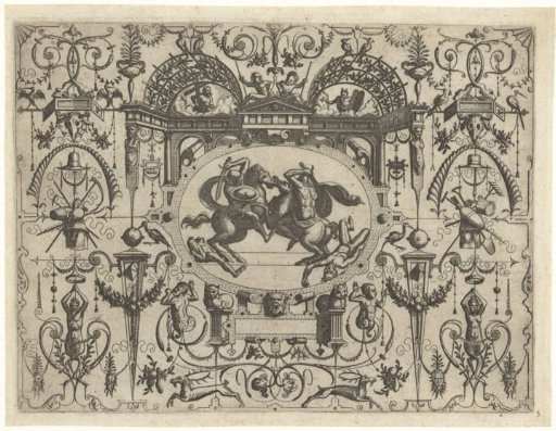 Oval cartouche with two fighting riders