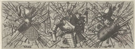 Frieze with a Helmet, a Shield, and Crossed Staves and Crossbows on the Left