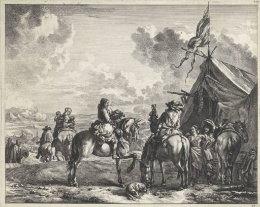 Soldiers by a tent with flag, pipe and wreath