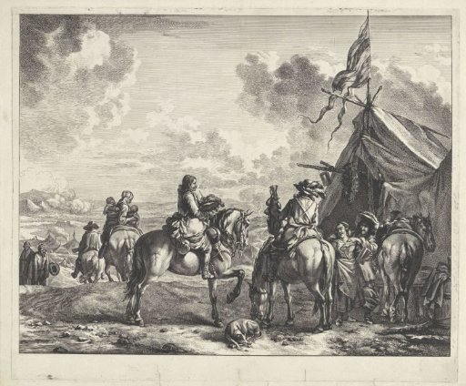 Soldiers by a tent with flag, pipe and wreath