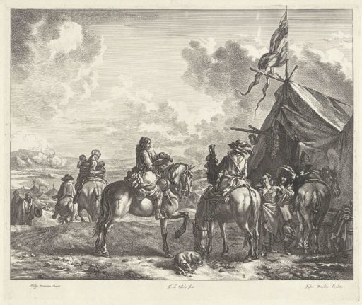 Soldiers by a tent with flag, pipe and wreath