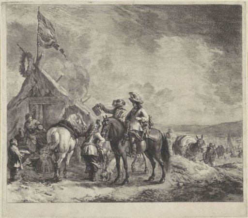 Three horsemen by a tent with flag and wreath