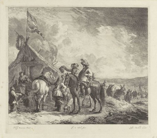 Three horsemen by a tent with flag and wreath